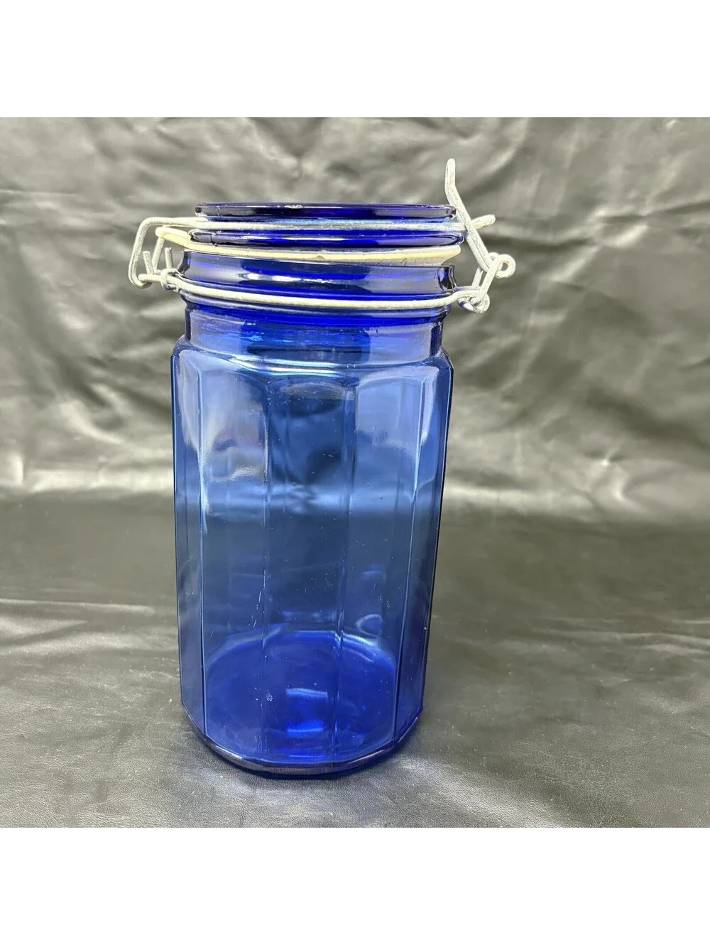 Cobalt Blue Jar Glass Storage Holder With Attached Wire Locking Lid 8” Tall